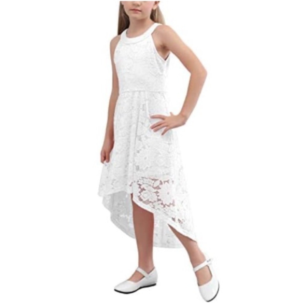 ❤️ GORLYA Elegant Halter Neck Floral Lace Hi-Lo floral Dress White Lace 14